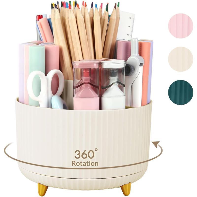 360 Degree Rotating Desk Organizer - Dual-Purpose Pencil Pen Holder with 5 Slots for Art Supplies, Kitchen Essentials & Beauty Products