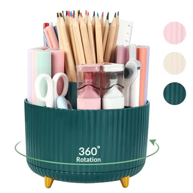 360 Degree Rotating Desk Organizer - Dual-Purpose Pencil Pen Holder with 5 Slots for Art Supplies, Kitchen Essentials & Beauty Products