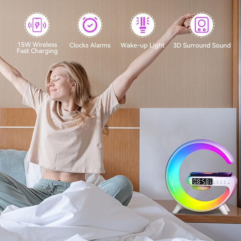 15W Wireless Charger with Speaker for Smartphones, 10 Adjustable Atmosphere Lights for Bedroom, Night Light＆Alarm Clock, 4-In-1 Wireless Charging Station