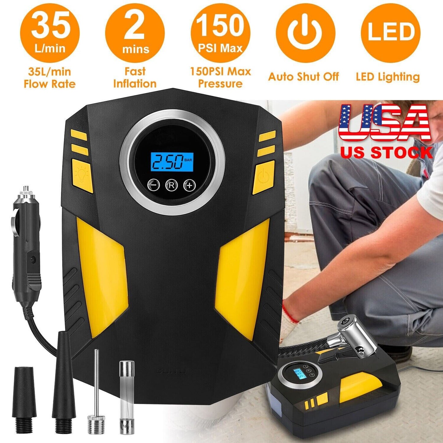 150PSI Car Tire Inflator 12V Digital Car Air Pump Compressor Electric Air Pump