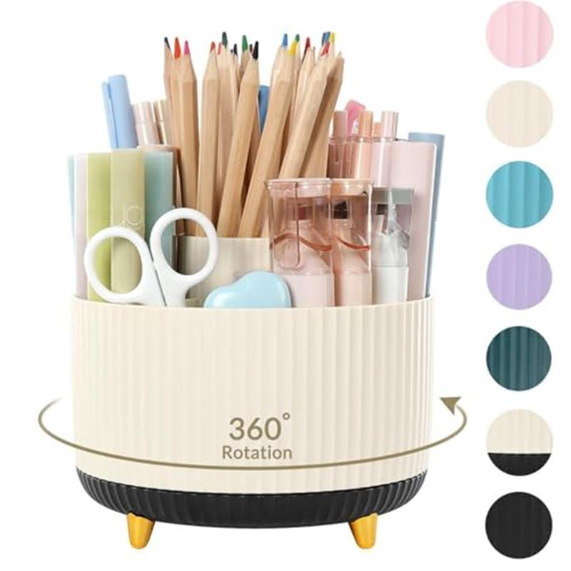 360 Degree Rotating Desk Organizer - Dual-Purpose Pencil Pen Holder with 5 Slots for Art Supplies, Kitchen Essentials & Beauty Products