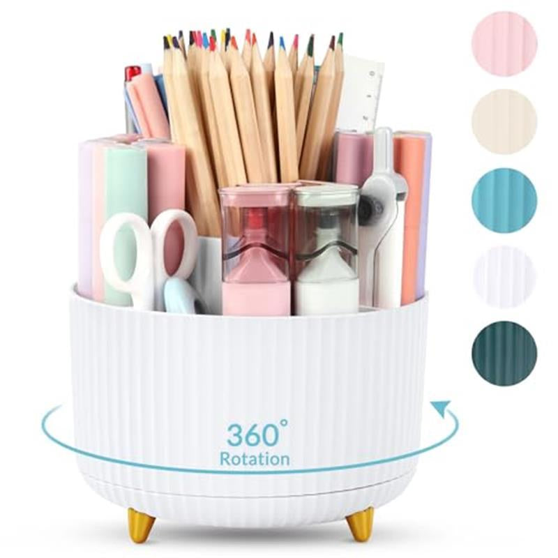 360 Degree Rotating Desk Organizer - Dual-Purpose Pencil Pen Holder with 5 Slots for Art Supplies, Kitchen Essentials & Beauty Products