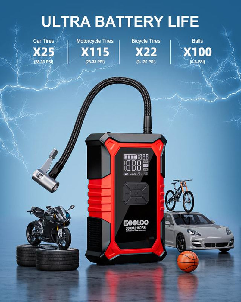 GOOLOO A3 Portable Car Jump Starter with Air Compressor, 3000A Car Battery Jump Starter (9.0 Gas/6.5L Diesel) with 150PSI Digital Tire Inflator