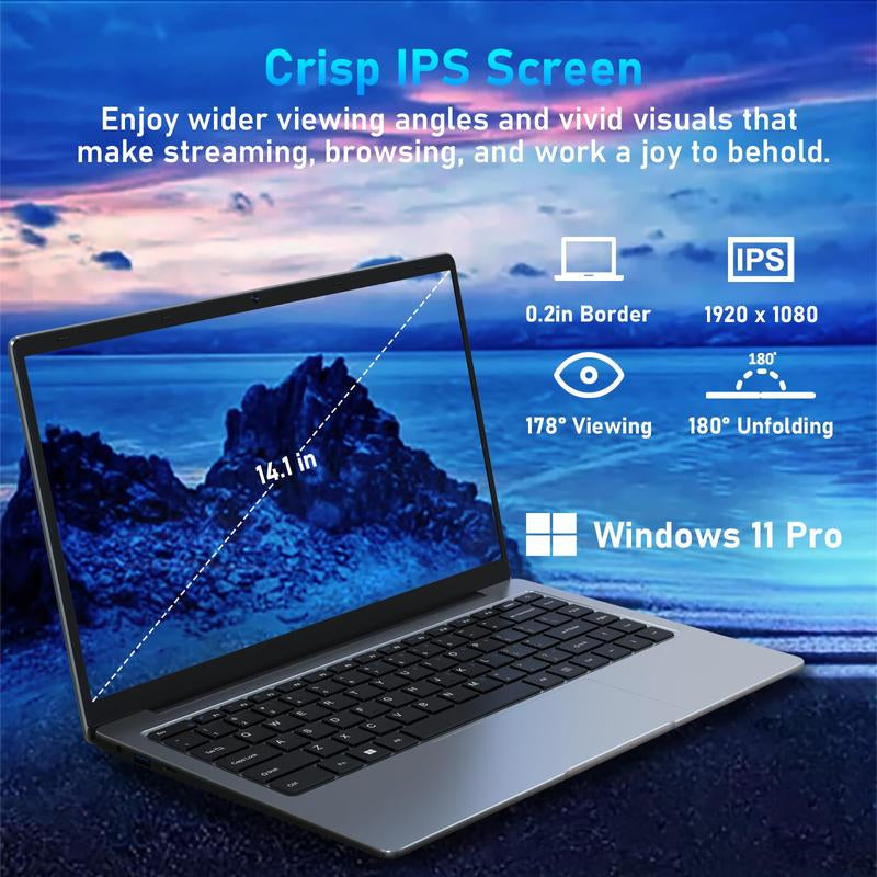 14 Inch Windows 11 Pro Laptop Computer, 8GB DDR4 RAM, 512GB M.2 SATA SSD, 2-2.5 Ghz Intel Celeron J4105 Processor