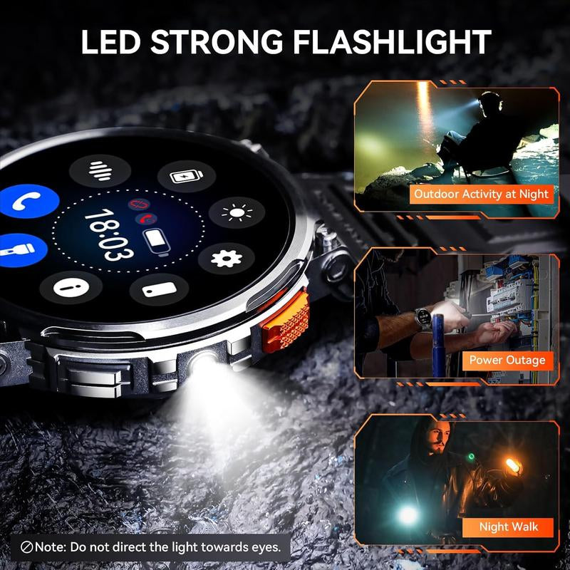 Smart Watch with LED Flashlight 1.85” Big Screen Rugged Smart Watch 730Mah Large Battery 114 Sports Modes Fitness Watch Heart Rate Sleep Tracker Tactical Smartwatch for Ios Android