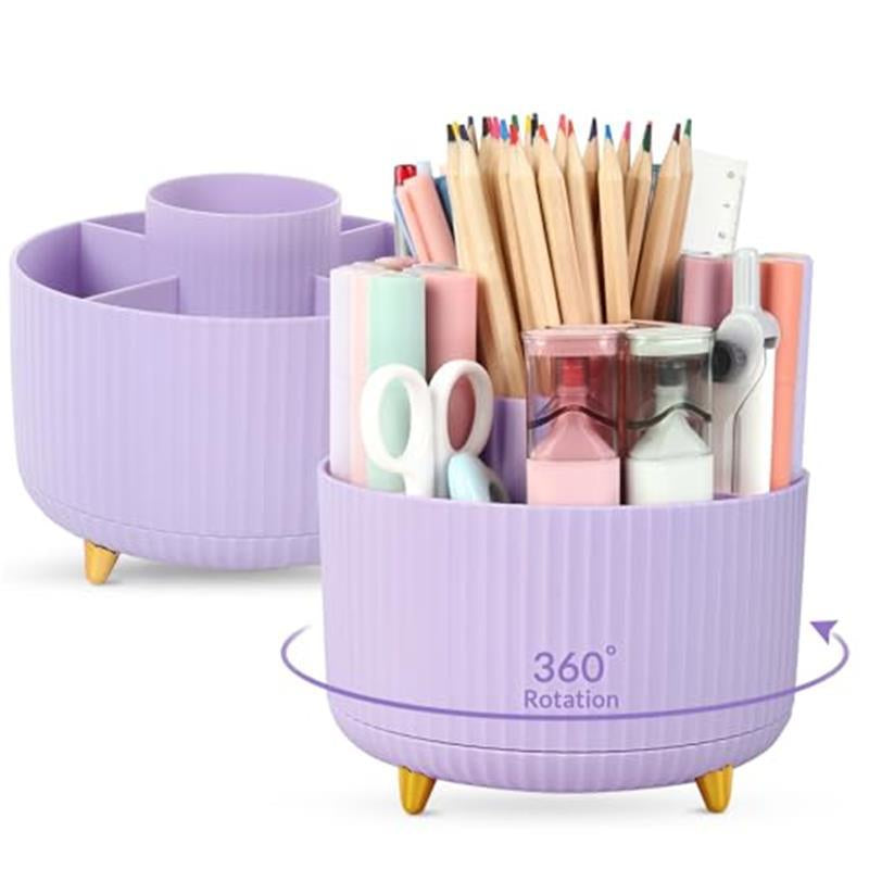 360 Degree Rotating Desk Organizer - Dual-Purpose Pencil Pen Holder with 5 Slots for Art Supplies, Kitchen Essentials & Beauty Products