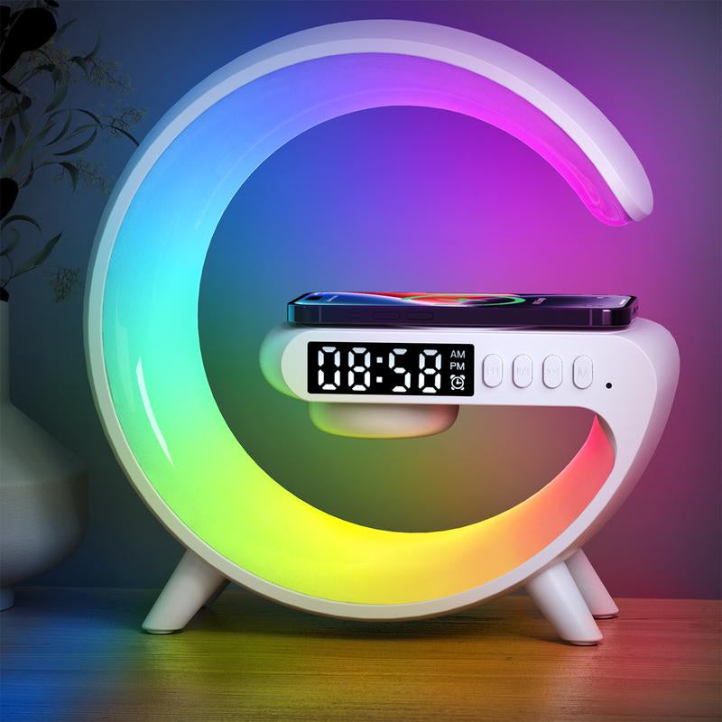 15W Wireless Charger with Speaker for Smartphones, 10 Adjustable Atmosphere Lights for Bedroom, Night Light＆Alarm Clock, 4-In-1 Wireless Charging Station