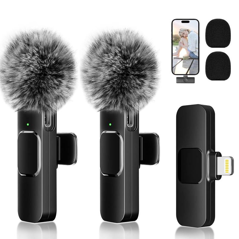 2 Pack Wireless Lavalier Microphone for Iphone Ipad, Lapel Mics Plug-Play 2.4G Ultra-Low Delay Built-In Noise Reduction Chip 8H Working Time for Video Recording Interview Podcast Vlog Audio Smartphone