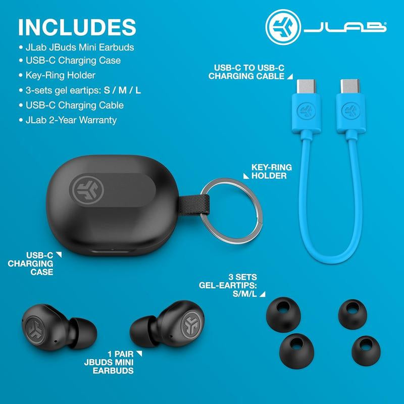 Jlab Jbuds Mini Earbuds, Smallest Bluetooth Earphones, IP55 Waterproof Earbuds, Be Aware Safety Mode, Customize Sound/Controls, Android / Iphone