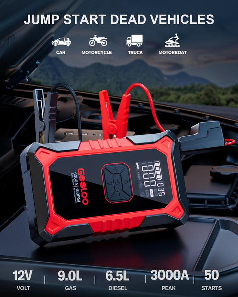 GOOLOO A3 Portable Car Jump Starter with Air Compressor, 3000A Car Battery Jump Starter (9.0 Gas/6.5L Diesel) with 150PSI Digital Tire Inflator