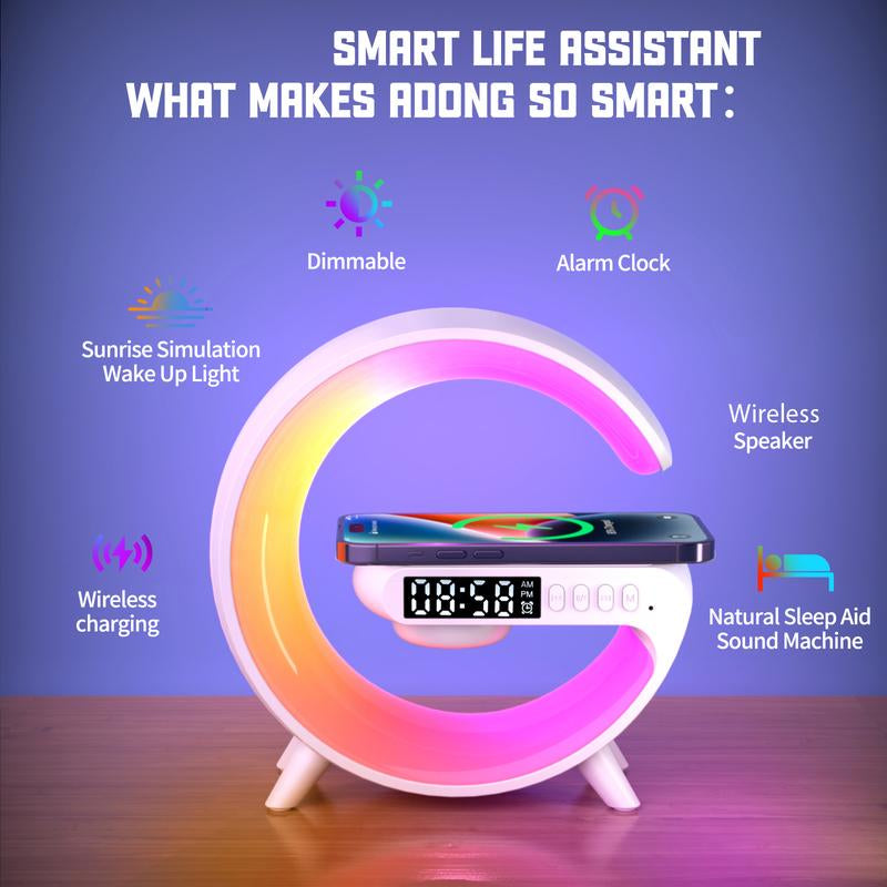 15W Wireless Charger with Speaker for Smartphones, 10 Adjustable Atmosphere Lights for Bedroom, Night Light＆Alarm Clock, 4-In-1 Wireless Charging Station