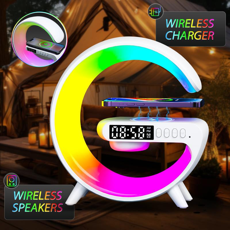 15W Wireless Charger with Speaker for Smartphones, 10 Adjustable Atmosphere Lights for Bedroom, Night Light＆Alarm Clock, 4-In-1 Wireless Charging Station