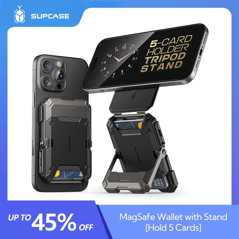 SUPCASE Magnetic Wallet with Stand Compatible with Magsafe, [Hold 5 Cards] [Adjustable Stand] [RFID Blocking] Tripod Phone Stand Magnetic Credit Card Holder for Iphone 16/15/14/13/12 Series, Black