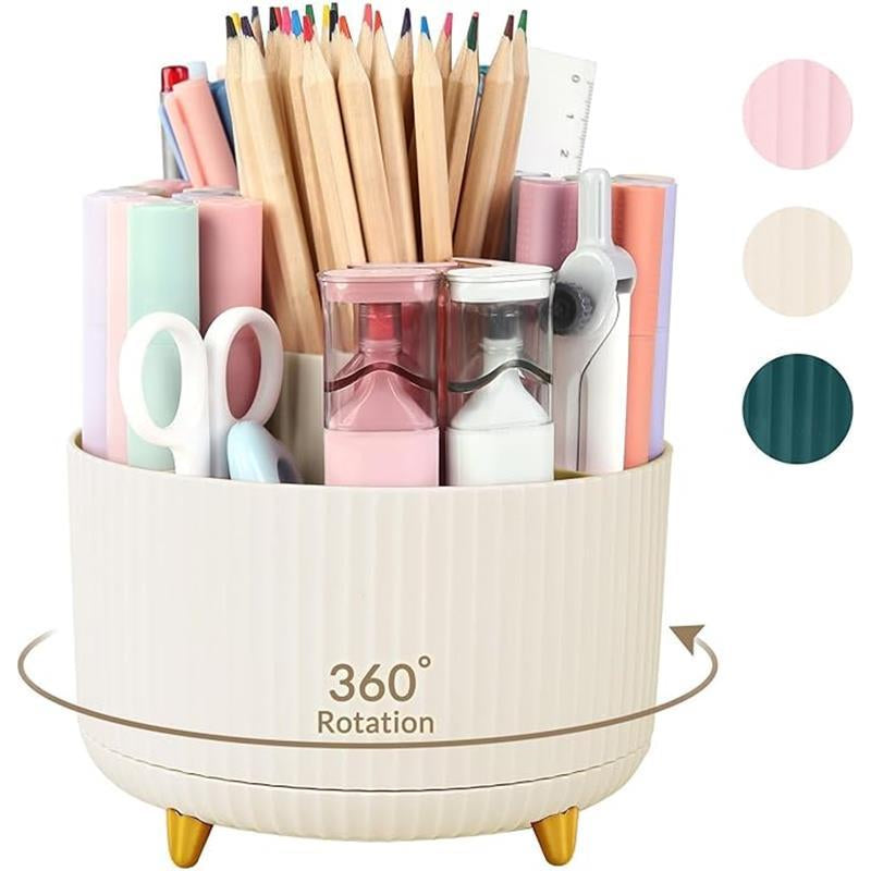 360 Degree Rotating Desk Organizer - Dual-Purpose Pencil Pen Holder with 5 Slots for Art Supplies, Kitchen Essentials & Beauty Products