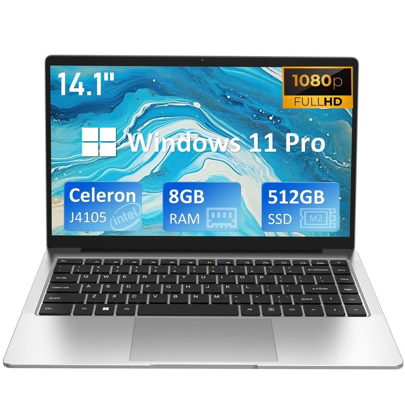 14 Inch Windows 11 Pro Laptop Computer, 8GB DDR4 RAM, 512GB M.2 SATA SSD, 2-2.5 Ghz Intel Celeron J4105 Processor