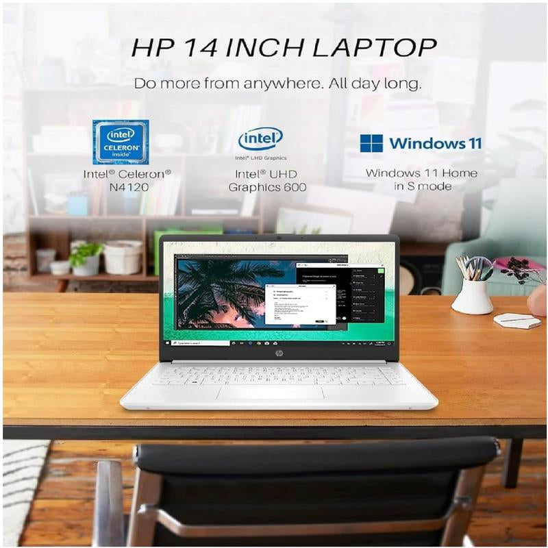 HP 14" White Ultral Light Laptop, for Students and Business, Intel Quad-Core Processor,Up to 16GB RAM, 64GB Emmc+256Gb SD Card,Long Battery Life, Wi-Fi, Win11 H in S,With Gaming Mouse