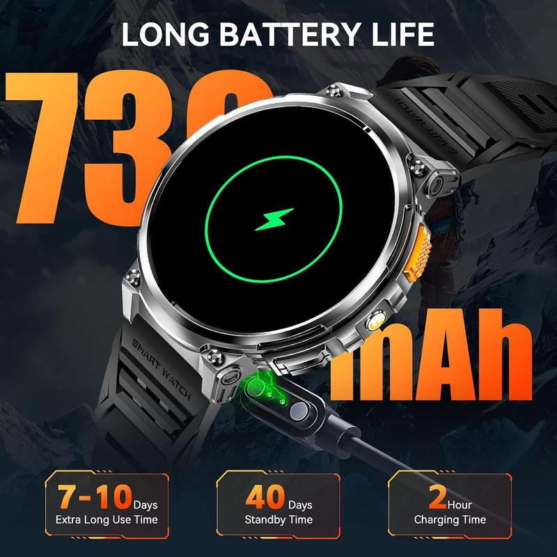 Smart Watch with LED Flashlight 1.85” Big Screen Rugged Smart Watch 730Mah Large Battery 114 Sports Modes Fitness Watch Heart Rate Sleep Tracker Tactical Smartwatch for Ios Android