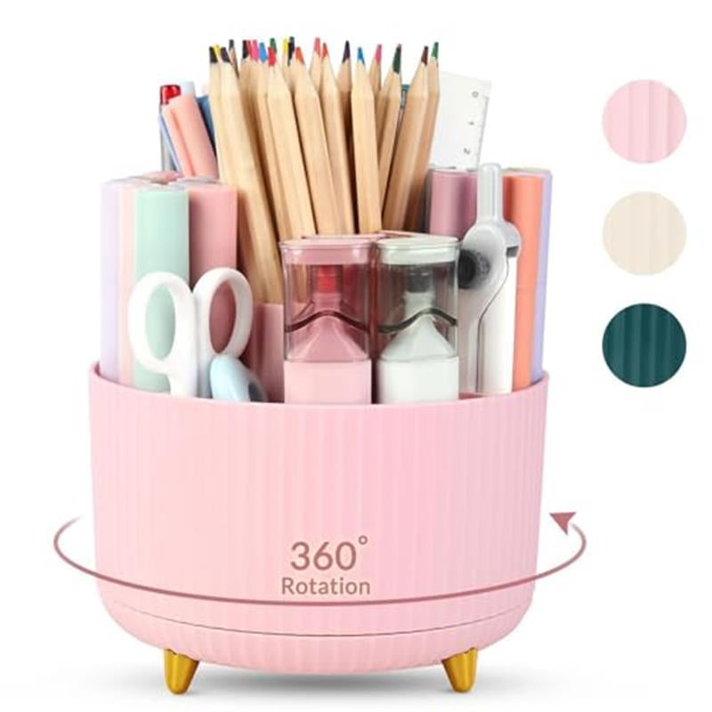 360 Degree Rotating Desk Organizer - Dual-Purpose Pencil Pen Holder with 5 Slots for Art Supplies, Kitchen Essentials & Beauty Products