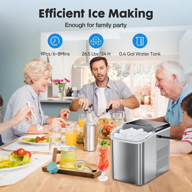 Sweetfurniture Countertop Ice Maker Machine, Basket and Handle, 9 Cubes in 6 Mins, 26.5Lbs/24Hrs, 2 Sizes of Bullet Kitchen Utensils