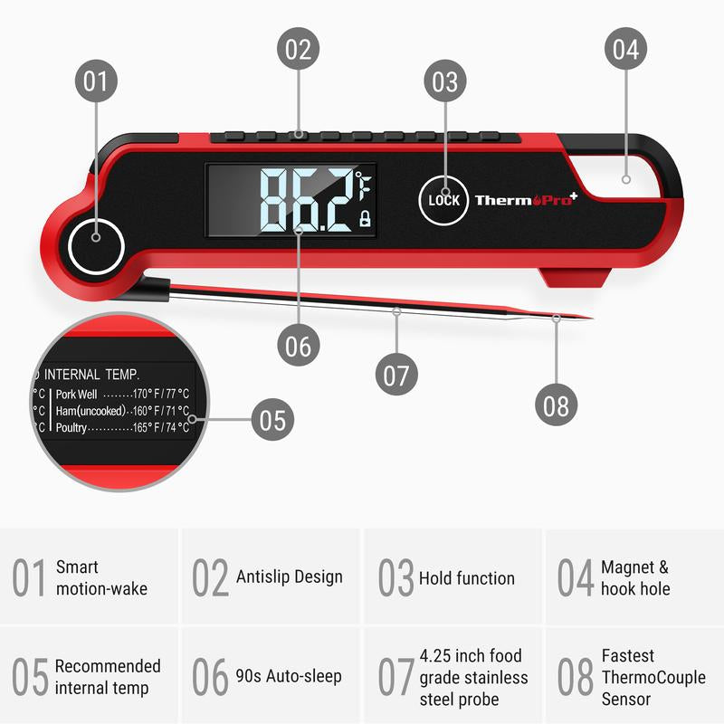 [Grill Gadget] Thermopro Instant Read Digital Meat Thermometer, Auto-Rotating Display, Waterproof Cooking Thermometer for BBQ, Grill, Kitchen