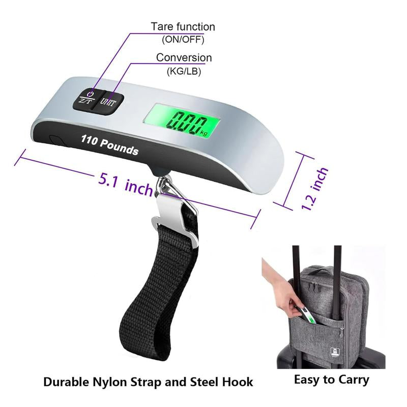 Digital Hanging Luggage Scale with Backlit for Travel, Portable Handheld Suitcase Weight Scale with Hook, 110 Pounds, Battery Included