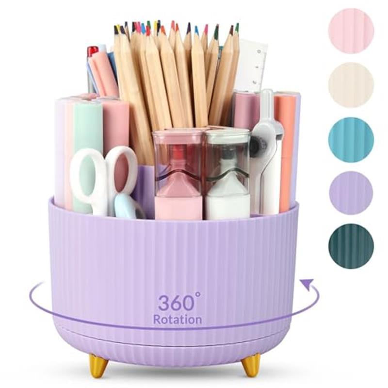 360 Degree Rotating Desk Organizer - Dual-Purpose Pencil Pen Holder with 5 Slots for Art Supplies, Kitchen Essentials & Beauty Products